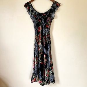 Vintage 90s Y2K Betsey Johnson Velvet Floral Flutter Sleeve Midi Dress